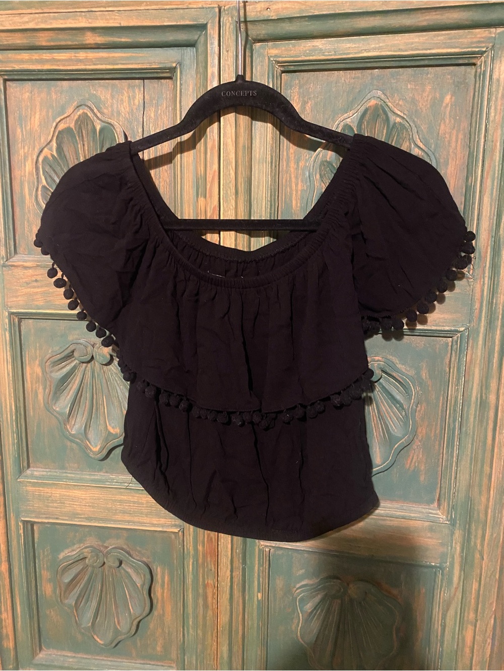 Women's Black Off-Shoulder Pom-Pom Trim Top - Unbranded